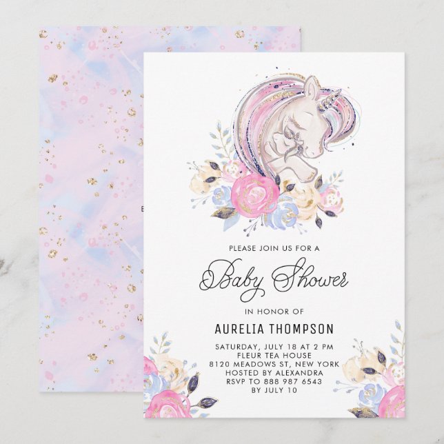 Mother and Baby Unicorn Glitter Baby Shower Invitation (Front/Back)