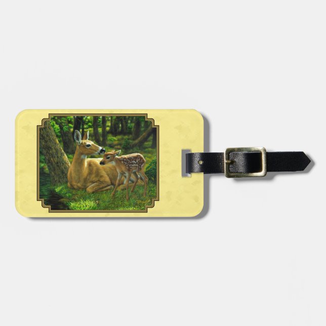 Mother and Baby Whitetail Deer Yellow Luggage Tag (Front Horizontal)