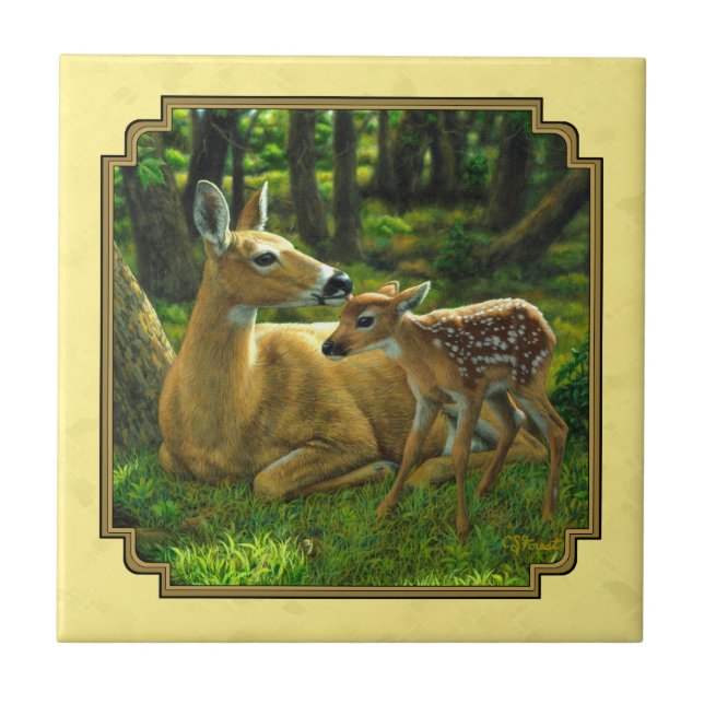 Mother and Baby Whitetail Deer Yellow Tile (Front)