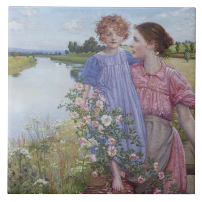 Mother and Child by a River With Wild Roses Tile (Front)