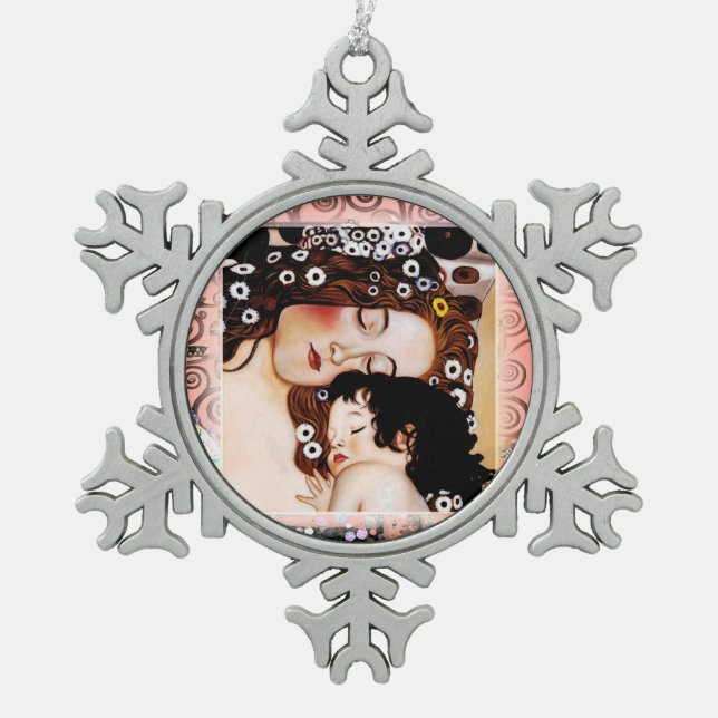 Mother and Child by Gustav Klimt Collage Snowflake Pewter Christmas Ornament (Front)