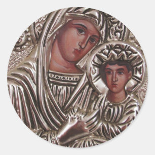 Mother and Child Icon, Madonna and Jesus in silver Classic Round Sticker