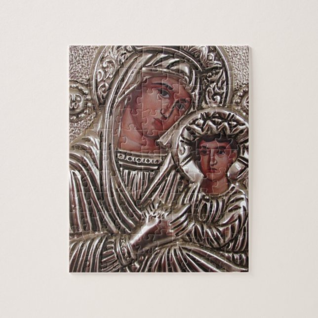 Mother and Child Icon, Madonna and Jesus in silver Jigsaw Puzzle (Vertical)