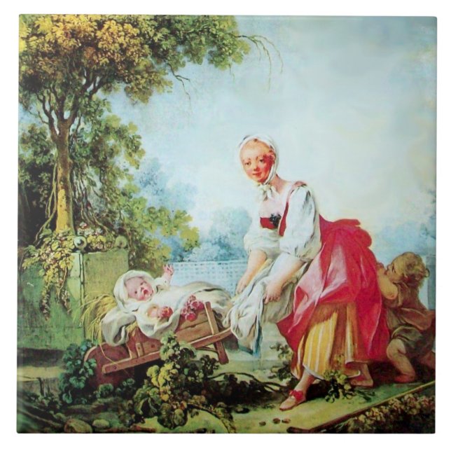 Mother and Child on Wheelbarrow by Fragonard Tile (Front)