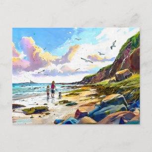 Mother and child walking dog on beach watercolor holiday postcard