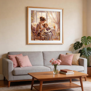 Mother and Child Warm Light Reading Scene Poster