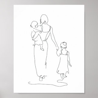 Mother and Children Line Art, Family Illustration, Poster