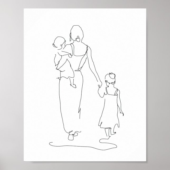 Mother and Children Line Art, Family Illustration, Poster (Front)