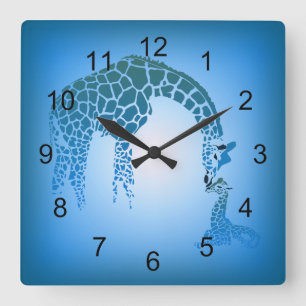 Mother and Cute Baby Giraffe cerulean blue Square Wall Clock