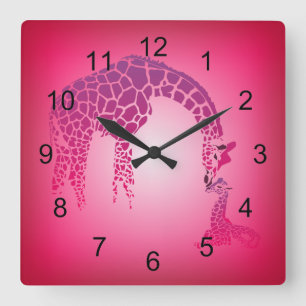 Mother and Cute Baby Giraffe fuchsia Square Wall Clock