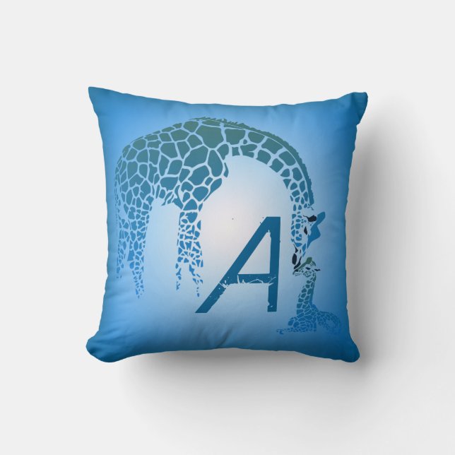 Mother and Cute Baby Giraffe Monogram | blue Cushion (Front)