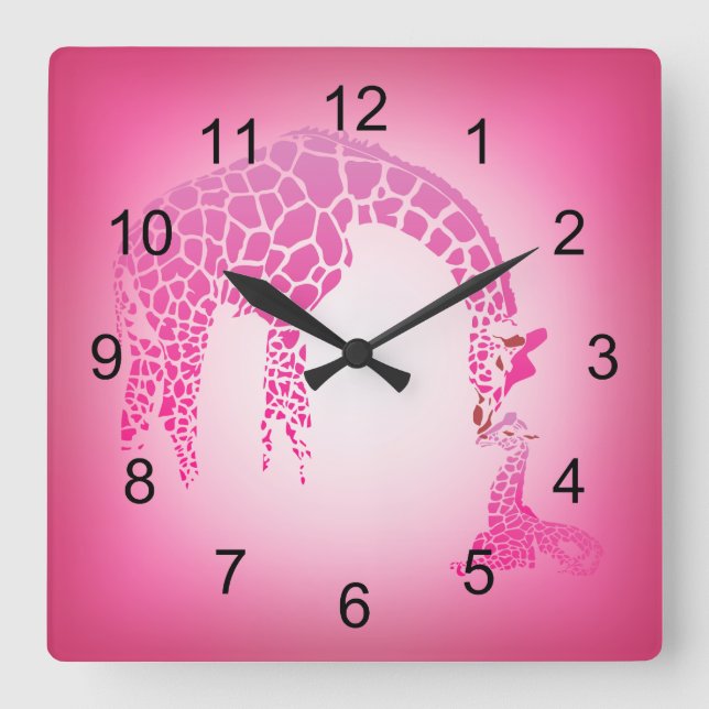 Mother and Cute Baby Giraffe | strawberry ice pink Square Wall Clock (Front)