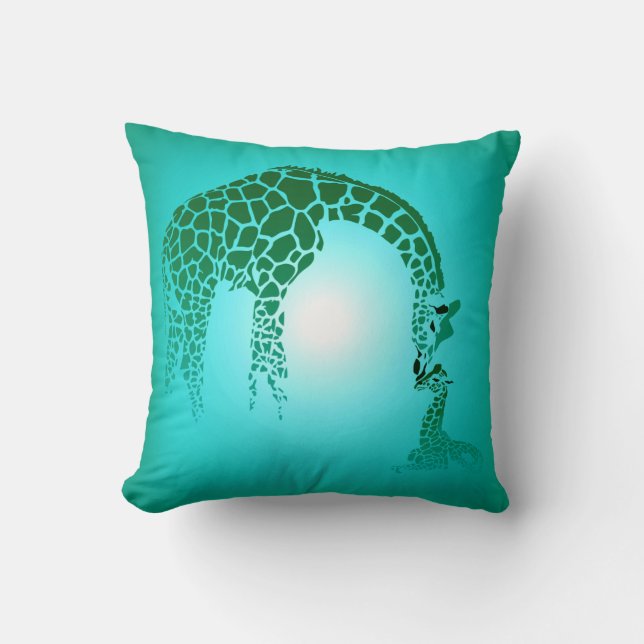 Mother and Cute Baby Giraffe | teal Cushion (Front)