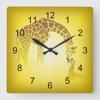 Mother and Cute Baby Giraffe | yellow Square Wall Clock