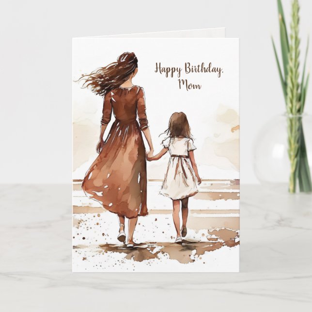 Mother and Daughter Beach Watercolor Painting Card (Front)