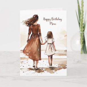 Mother and Daughter Beach Watercolor Painting Card