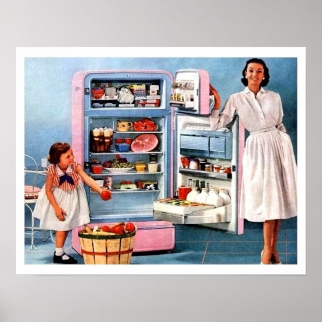 Mother and daughter beside full fridge and apples poster (Front)