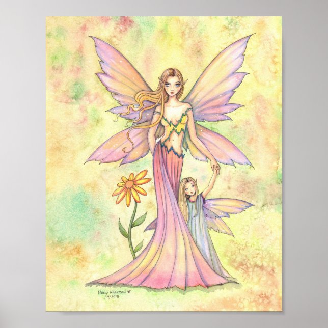 Mother and Daughter Fairy Watercolor Art Painting Poster (Front)