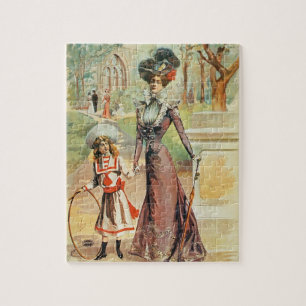 Mother and daughter on a walk (colour litho) jigsaw puzzle