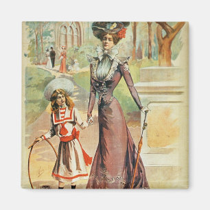 Mother and daughter on a walk (colour litho) magnet
