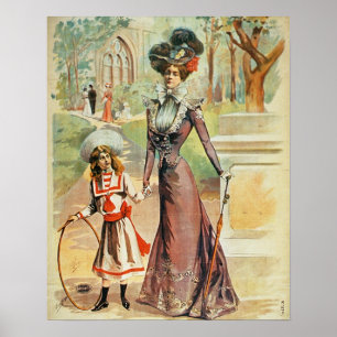 Mother and daughter on a walk (colour litho) poster