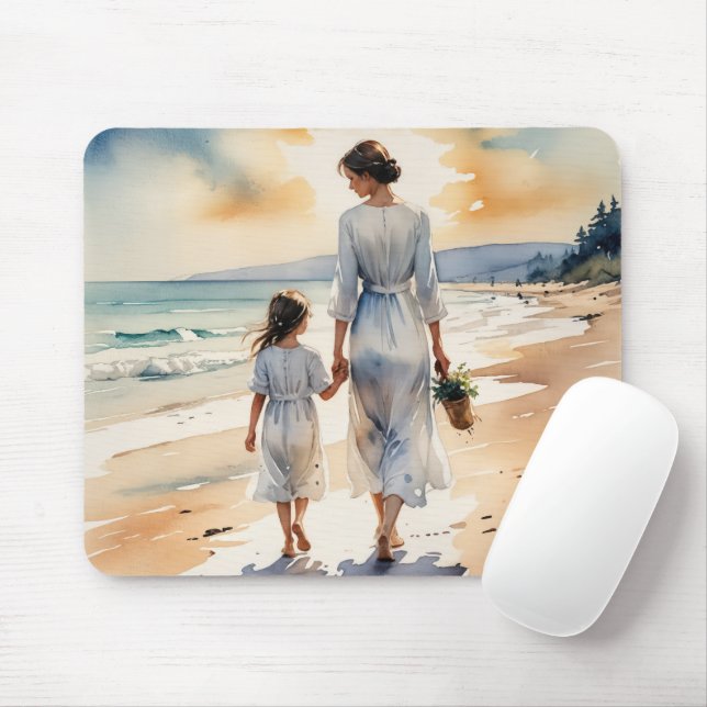 Mother and Daughter Walking the Beach Mouse Pad (With Mouse)