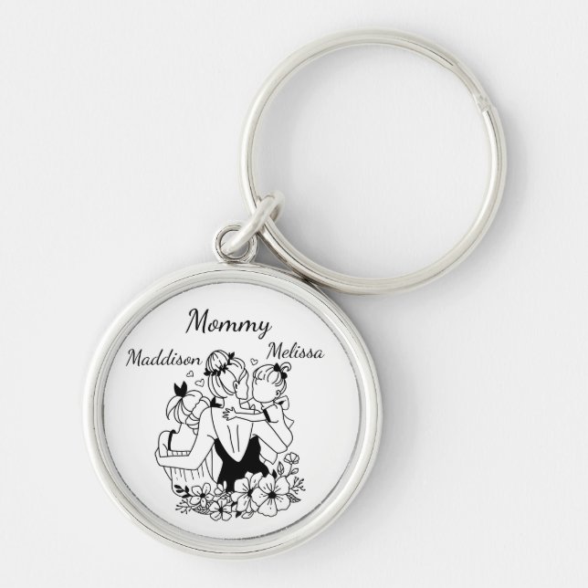 Mother And Daughters Line Art With Names Key Ring (Front)