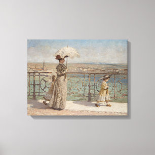 Mother and Daughters Walking on a Bridge in Italy Canvas Print