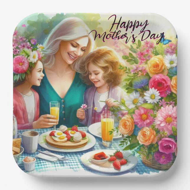 Mother and Kids Happy Mother's Day Paper Plate (Front)