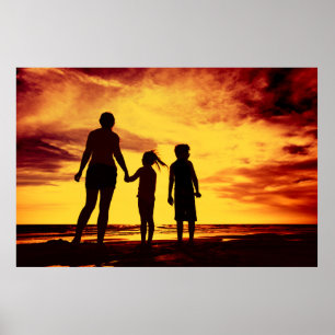 Mother and kids silhouettes poster