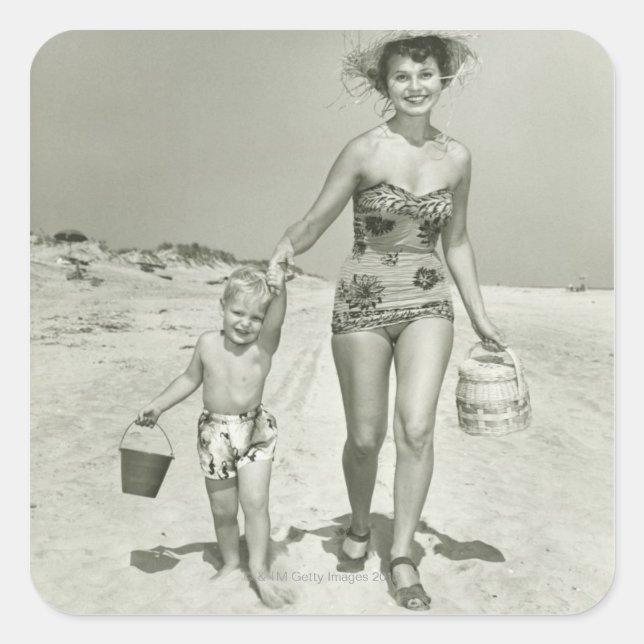 Mother and Son Walking Square Sticker (Front)