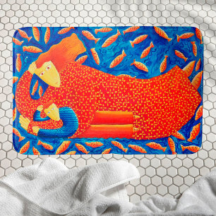 Mother And Son With Goldfish Modern Art Painting Bath Mat