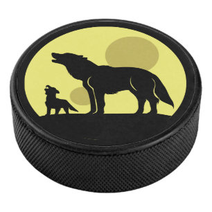 Mother and Wolf Pup Hockey Puck