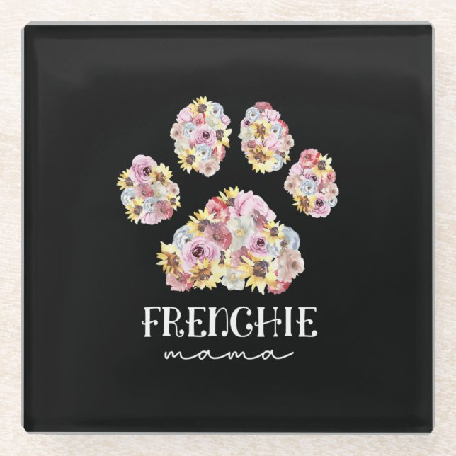 Mother Art Frenchie Mama Floral Paw French Bulldog Glass Coaster (Front)