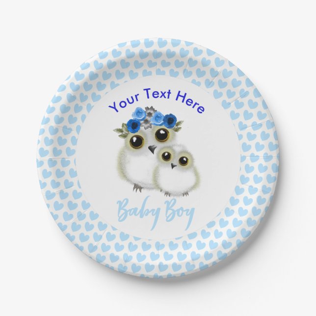 Mother Baby Cute Owl Baby Boy Shower Personalised Paper Plate (Front)