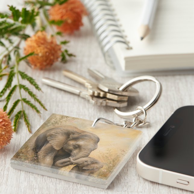 Mother & Baby Elephant Acrylic Keychain |  (Front Right)