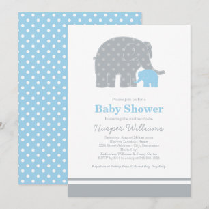 Mother Baby Elephant Blue Grey Baby Boy Shower Invitation