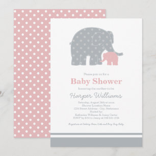 Mother Baby Elephant Pink Grey Baby Girl Shower Invitation