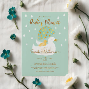 Mother & Baby Yellow Ducky Umbrella Mint Green Invitation