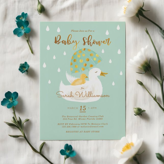 Mother & Baby Yellow Ducky Umbrella Mint Green Invitation (Mother & Baby Yellow Ducky Umbrella Mint Green Invitation)