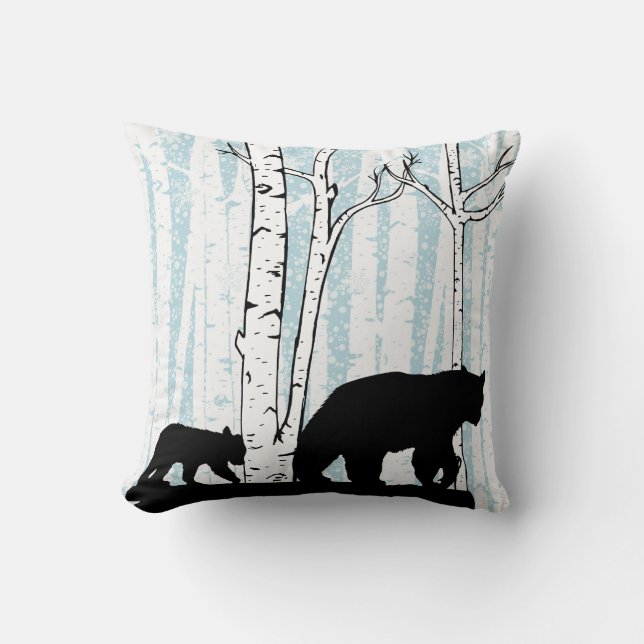 Mother Bear, Cub, Deer, Birch Trees Throw Pillow (Front)