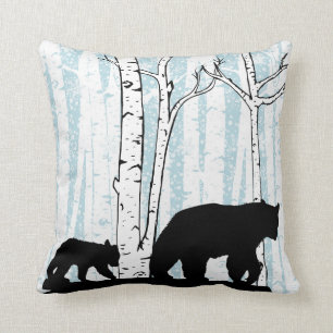 Mother Bear, Cub, Deer, Birch Trees Throw Pillow