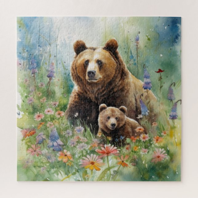 Mother Bear Cub Field of Flowers Painting Jigsaw Puzzle (Vertical)