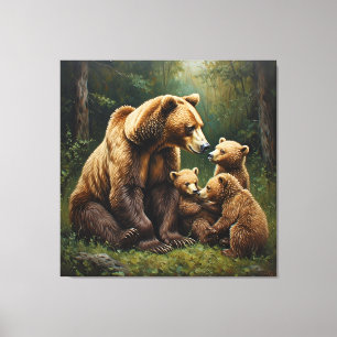Mother Bear With Cubs in a Forest Setting Canvas Print