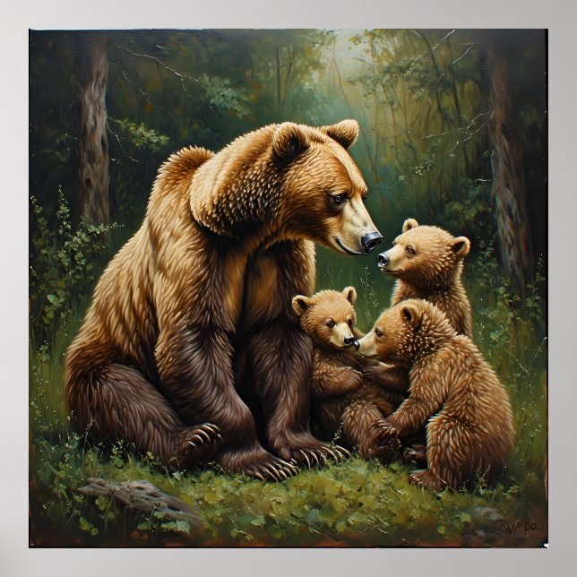 Mother Bear With Cubs in a Forest Setting Poster (Front)