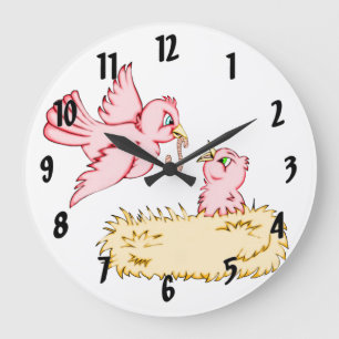 Mother Bird Feeding Baby Bird Large Clock