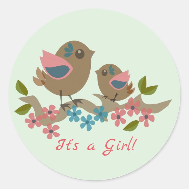 Mother bird with baby and custom text classic round sticker (Front)