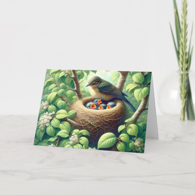 Mother Bird with Fledglings  In Nest Card (Front)