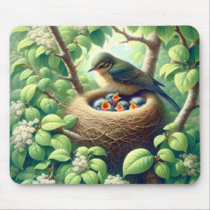 Mother Bird with Fledglings In Nest Mouse Pad