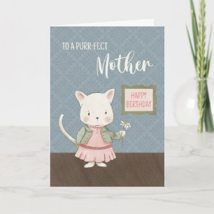 Mother Birthday Kitty in a Dress Holding Flower Card